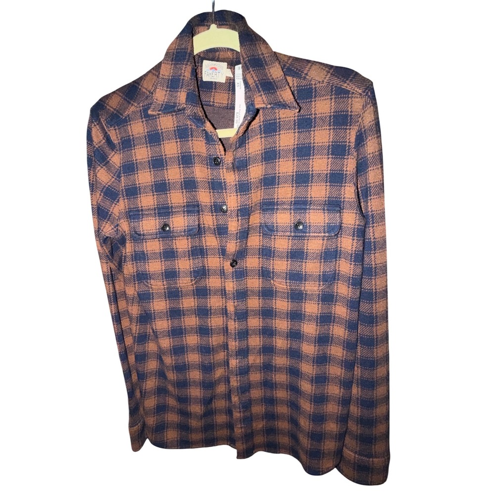 Faherty Movement‎ Flannel Shirt Mens XS Brown Navy Plaid Stretch Button Down